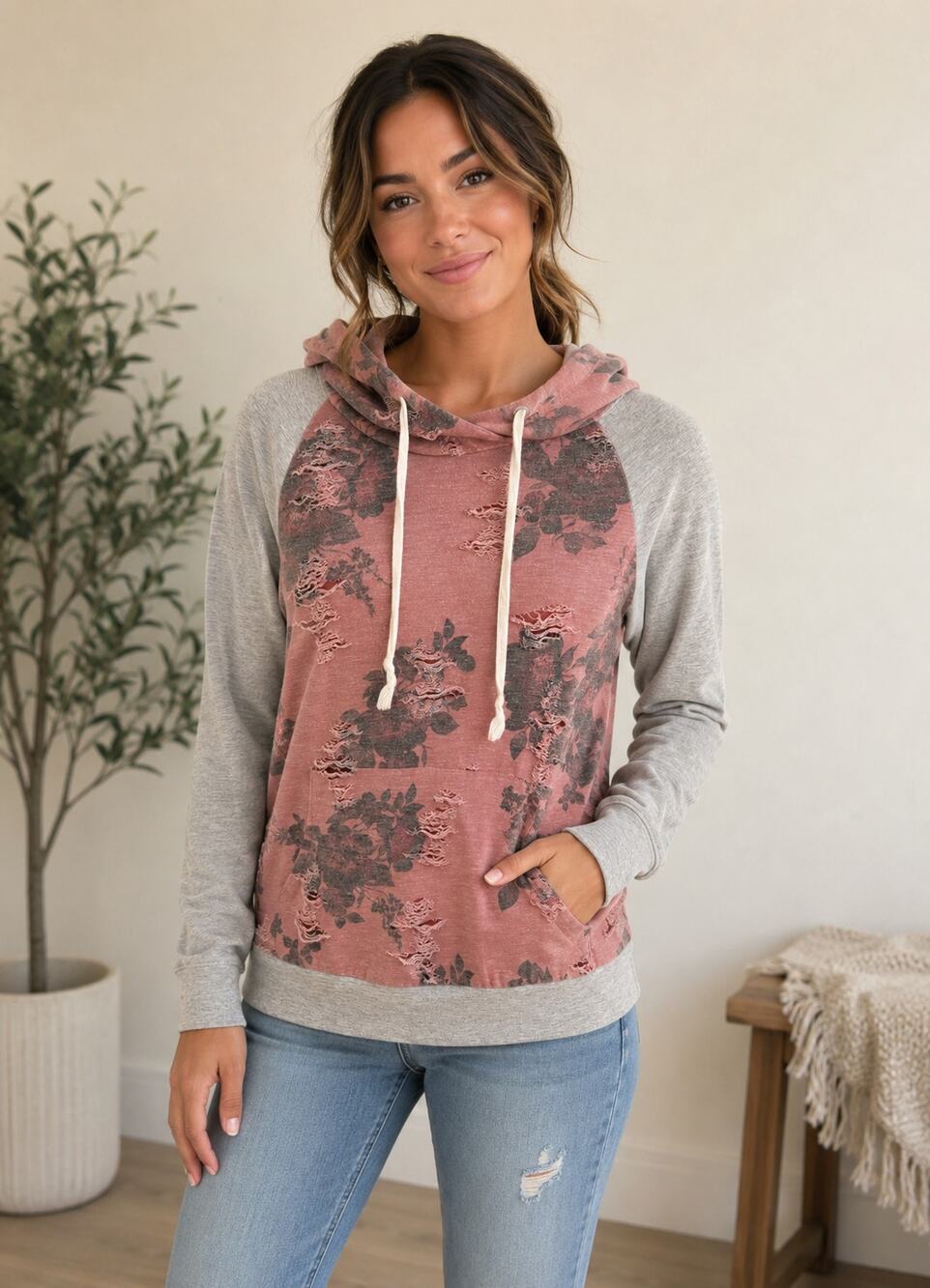 Distressed Floral Hoodie Sweatshirt Women's Size Small Pink Gray Casual Boho S